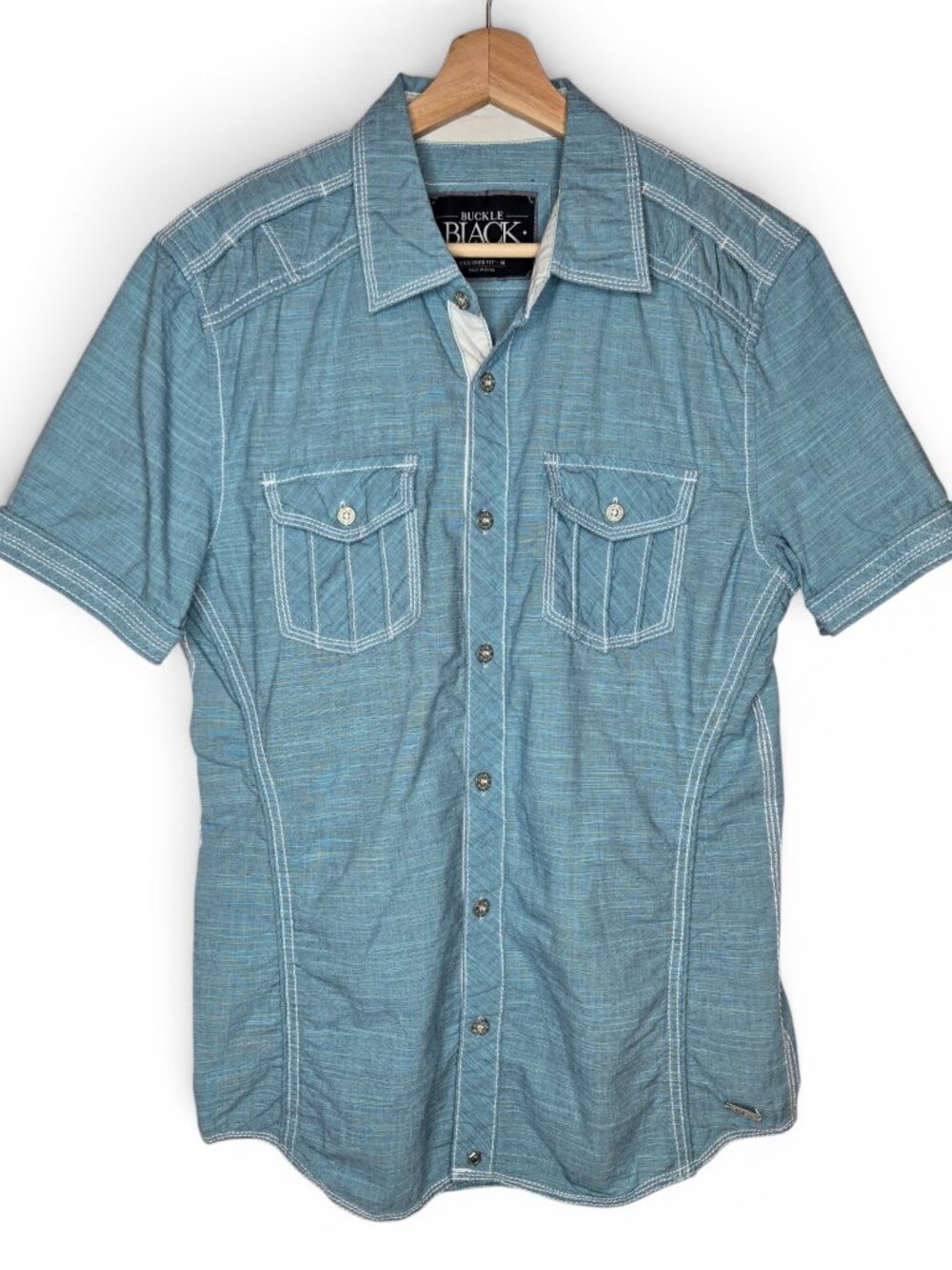 Buckle Black Slub Chambray Shirt Men's Stretchy Flap Pocket Contrast Seams M